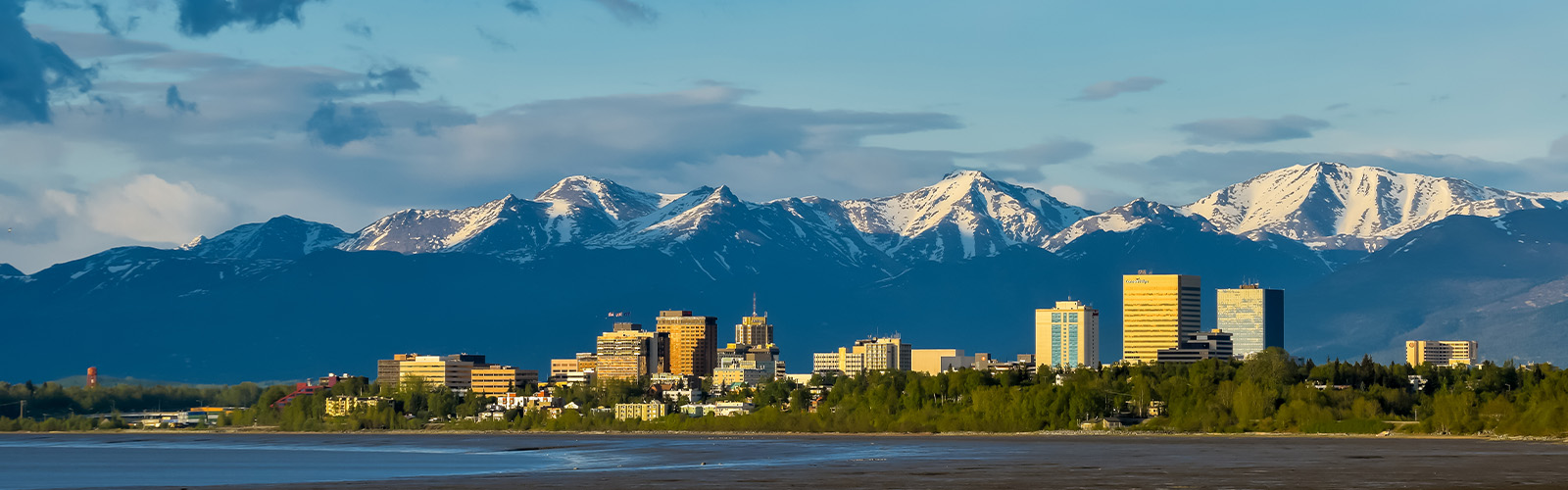 A view of an Alaska skyline with mountains in the background