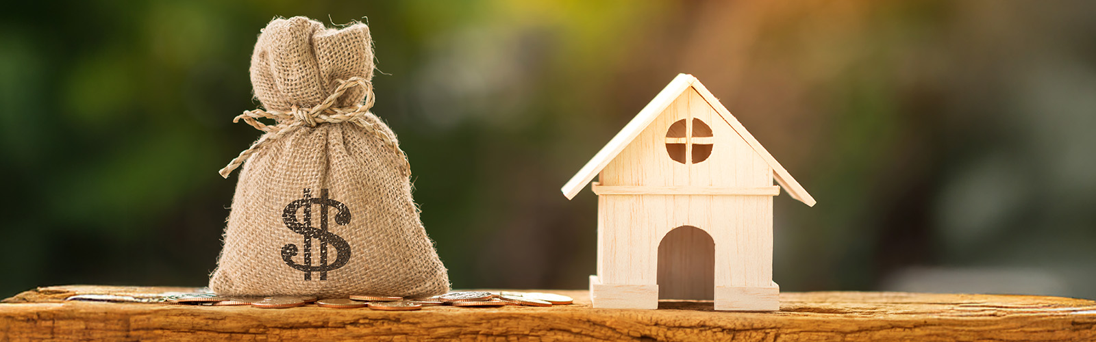 A bag with a dollar sign and a small model of a house