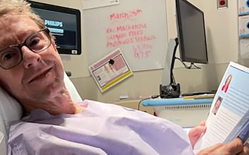 Bill Hoffman patiently awaits treatment in his hospital room.