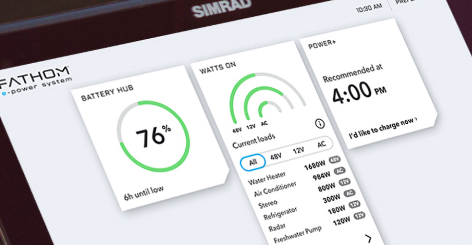 Fathom e-power system control screen on Simrad multi-function display