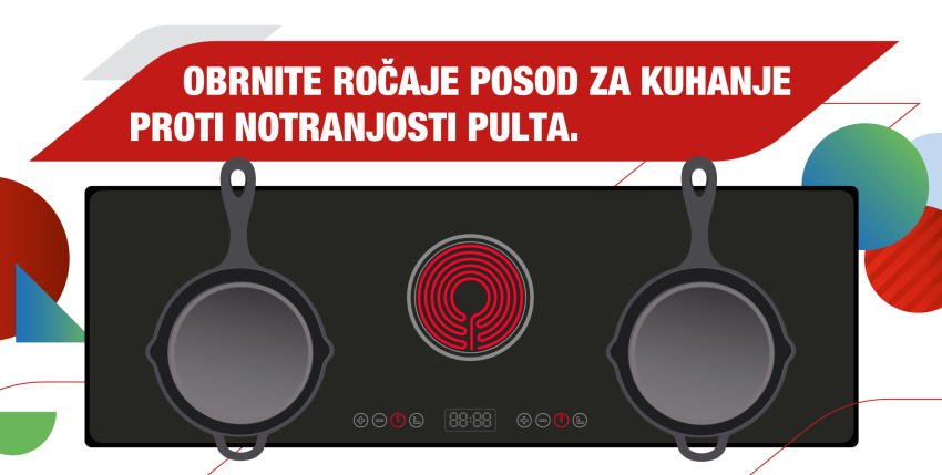 Infografika: Obrnite ročaje posod proti notranjosti pulta