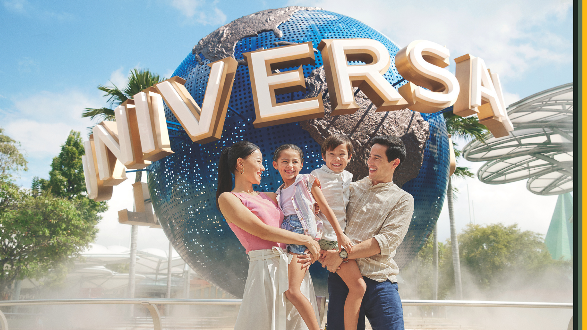 Family standing in front of the Universal Sign at Universal Studios Singapore