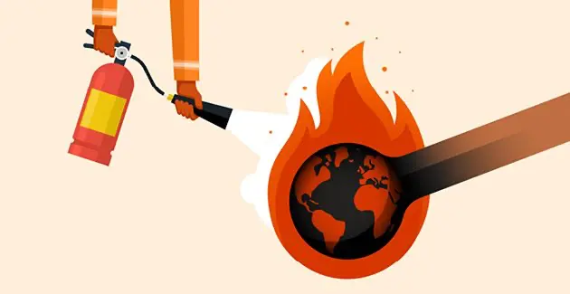 A cartoon style image of a large lit match, except the top of the match is the earth, to the left is arms coming down from the top of the image with a fire extinguisher pointed at the fire