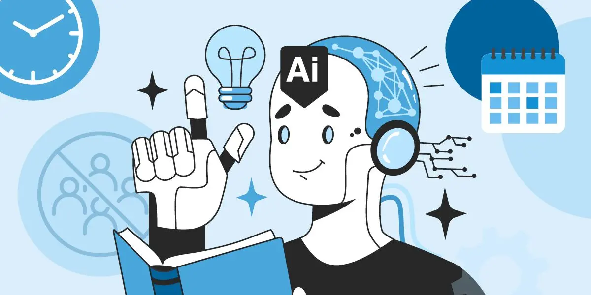 Illustration of an AI robot holding a book with circuits on its head, symbolizing artificial intelligence, ideas, and learning