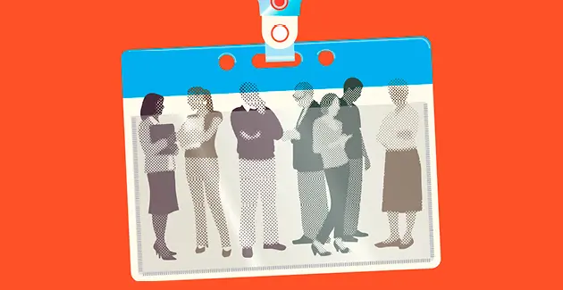 Illustration of an ID badge with silhouettes of people standing and talking inside it, on an orange background.