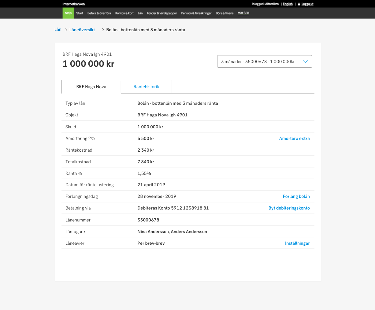 Example of details of a mortgage in desktop