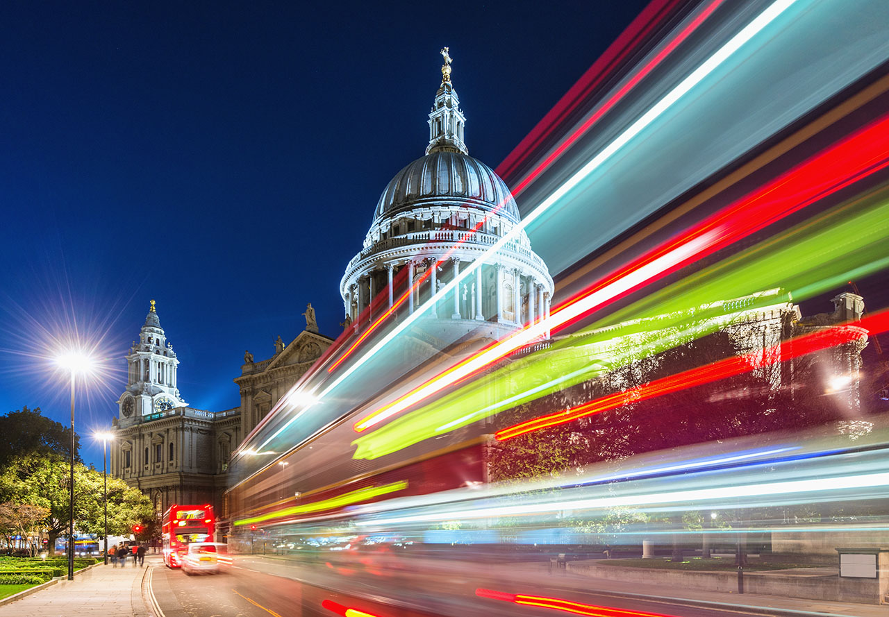 Long exposure city lights in front of government buldings