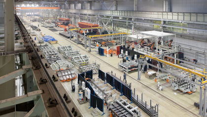 High-up view of the interior of a manufacturing processing plant