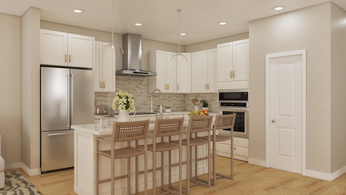 kitchen with large island and four barstools