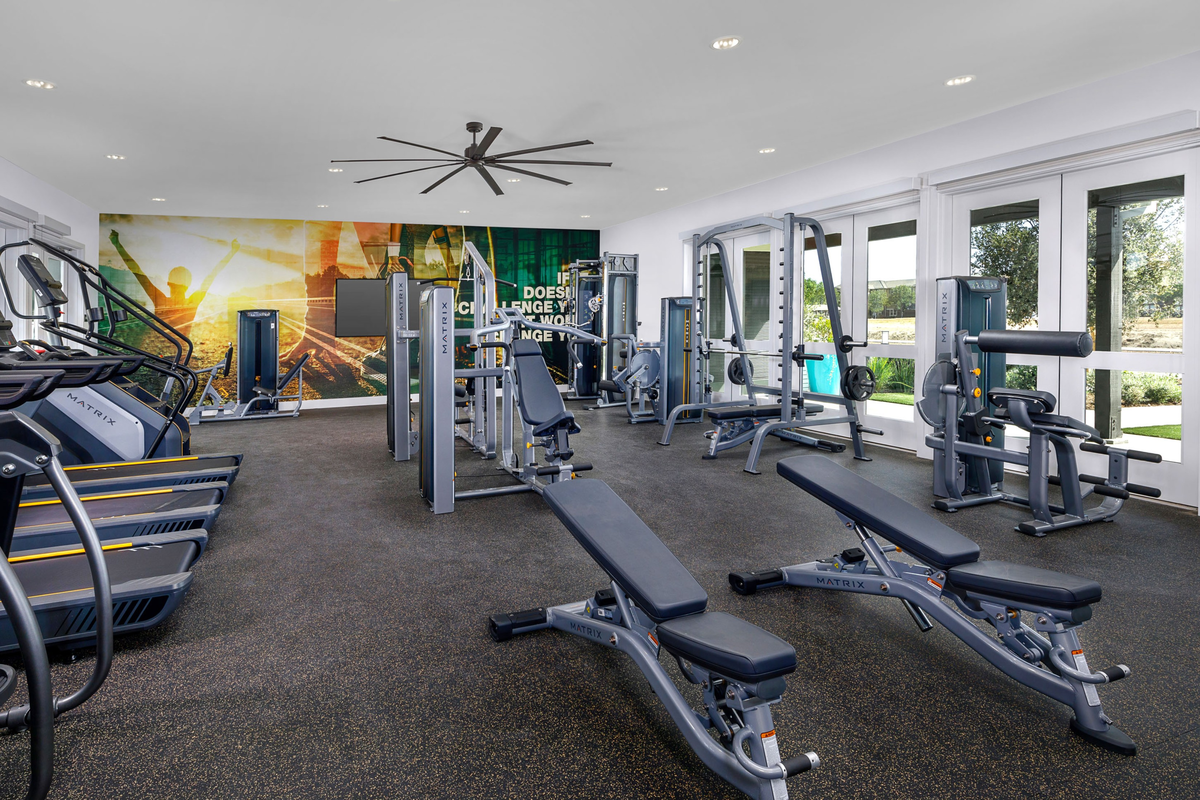 gym with workout equipment and large windows