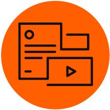 Icon that looks like a piece of paper, video and outlined block, placed in bright orange circle with the icon outlined in white