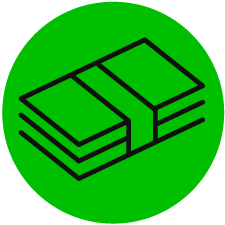 Icon that looks like money, several paper bills held together with a band in the middle, icon is placed in lime coloured circle with the icon outlined in white