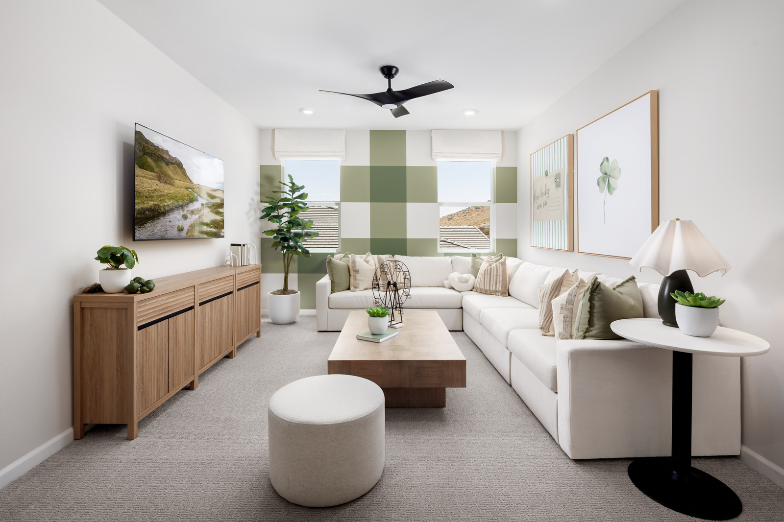 loft with neutral floors and windows