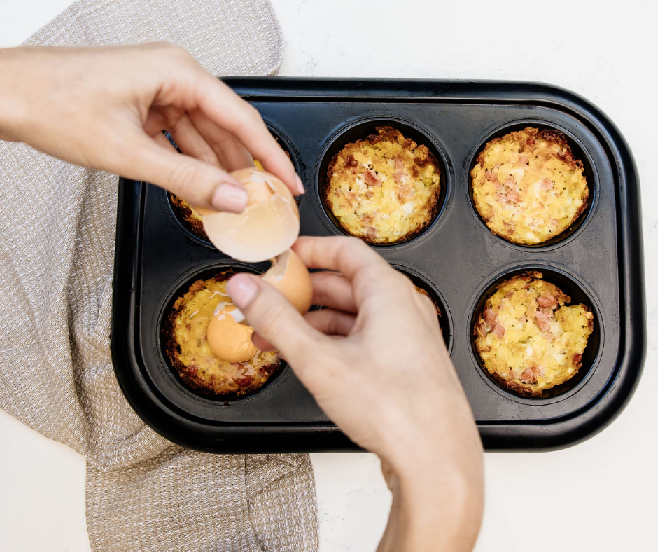 Mothers Day Recipe, Hash Brown Egg Cup Step 3, bake for 15 mins until golden, then crack egg into each cup