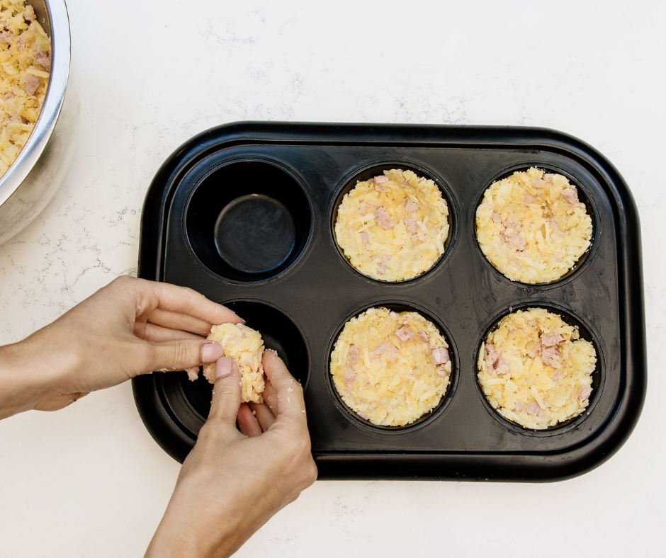Mothers Day Recipe, Hash Brown Egg Cups Step 2, divide the mixture into the cupcake tin