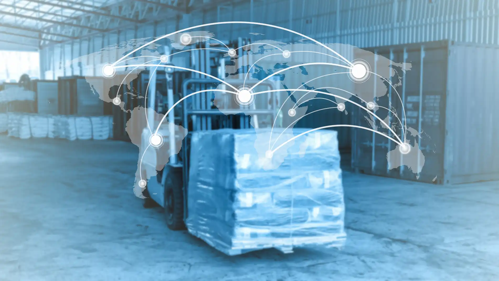 Abstract images of a pallet of boxes with location routes over it.