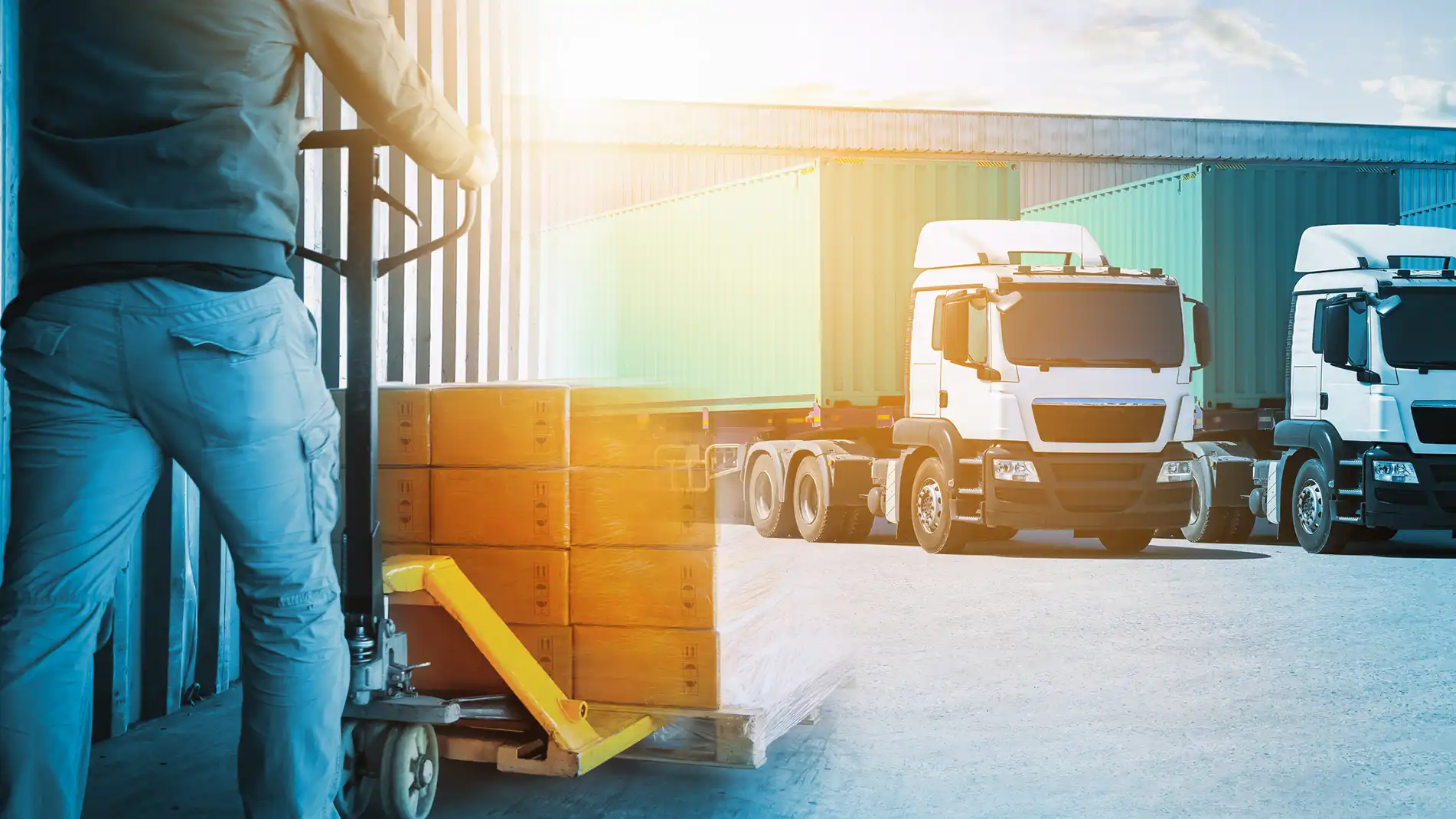 Image of a man on a tow motor carrying packages to a truck.
