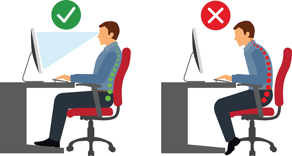 Illustration showing the comparison of incorrect and correct posture when sitting at your desk.
