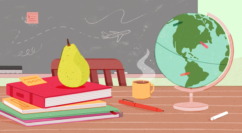 A graphic of a pear on top of a stack of books on a desk in a classroom, with a globe next to them