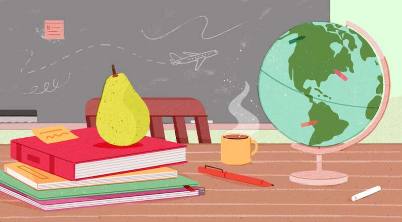 A graphic of a pear on top of a stack of books on a desk in a classroom, with a globe next to them
