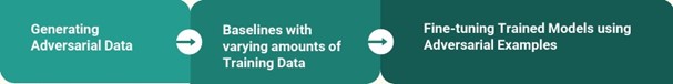 Pipeline for Experiments: Generating Adversial Data → Baselines with varying amounts of Training Data → Fine-tuning Trained Models using Adversial Examples