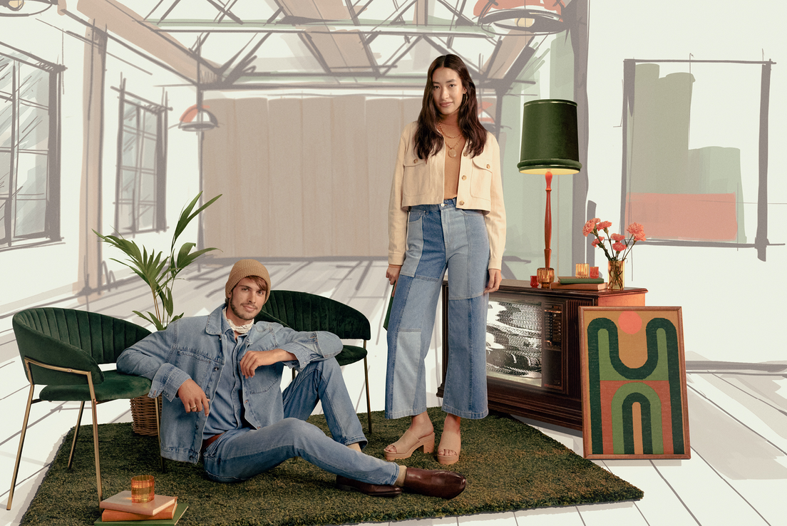guy and girl wearing double denim, 1970s style