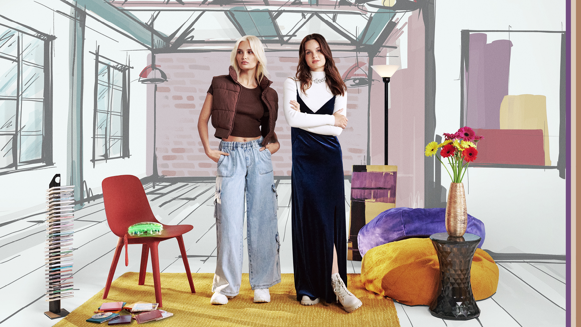 Two women dressed in 90s fashions standing in front of an illustrated background. 