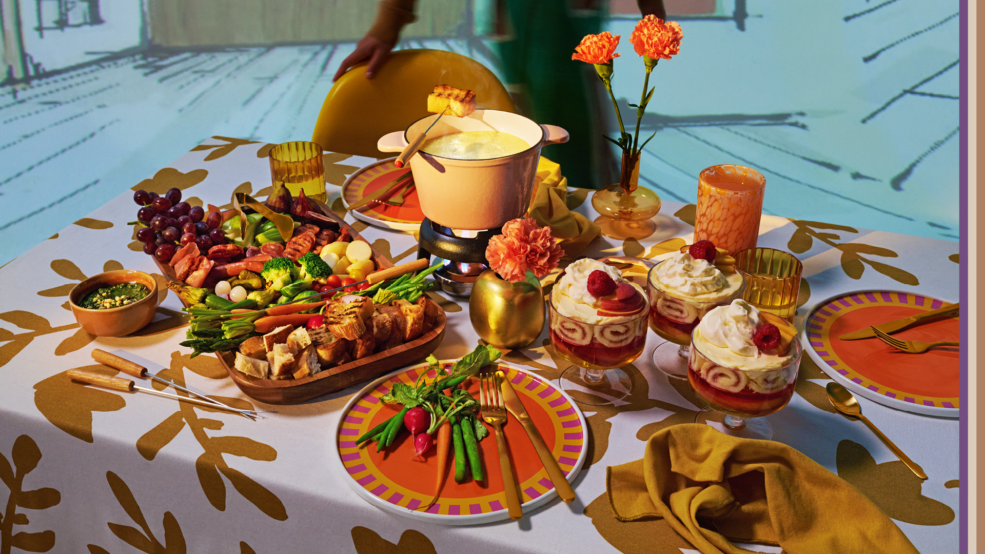 trifles on table setting with cheese fondue, seasonal vegetables
