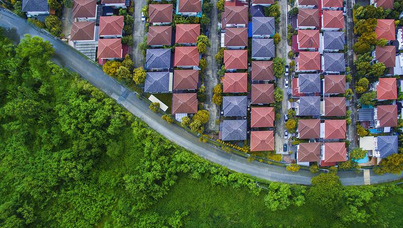 Birds eye view of suburban housing development