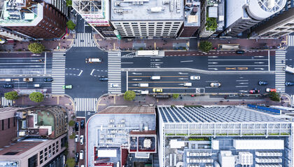 Top down view of city buildings and streets