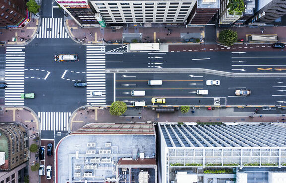 Top down view of city buildings and streets