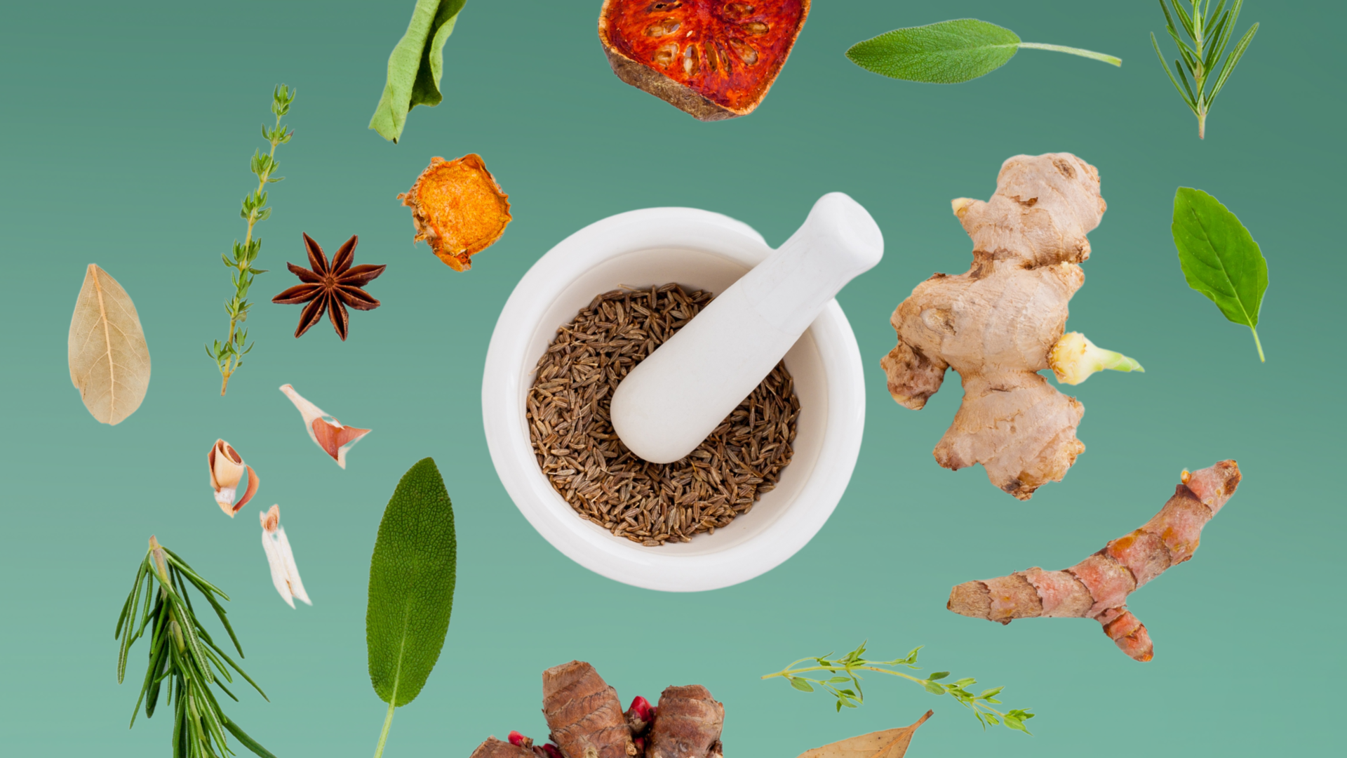Fresh Herbs and spices floating on green background.