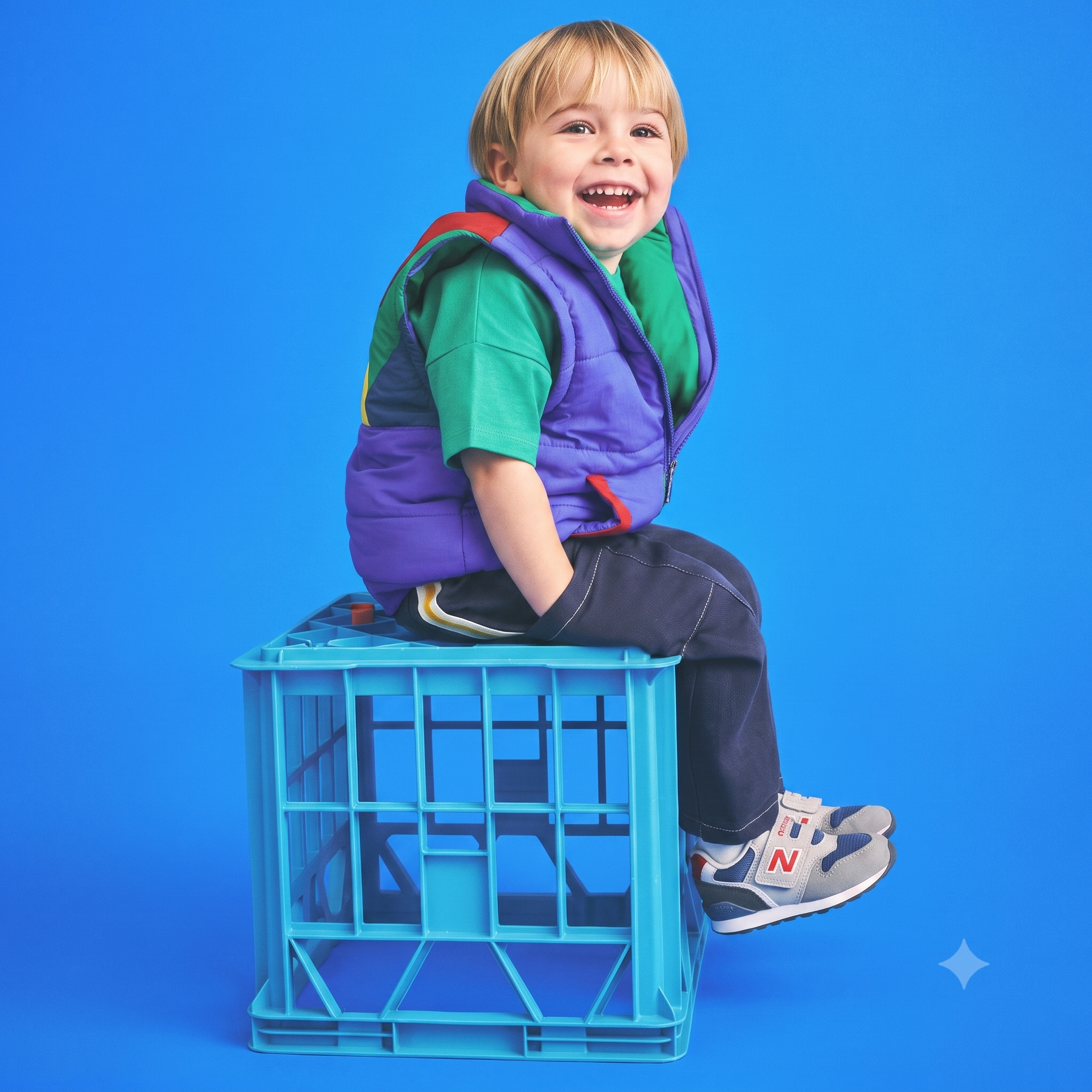 Boy sitting on crate wearing sneakers
