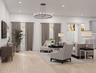 open-concept room with grey couch and grey chairs