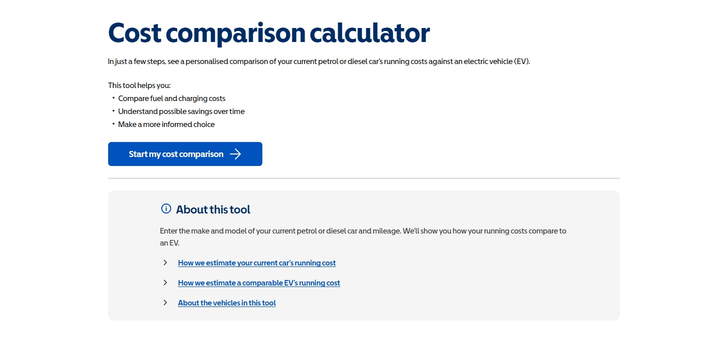 Motability Scheme EV for Me cost comparison calculator page explaining how users can compare running costs between petrol or diesel cars and electric vehicles, with a “Start my cost comparison” button and an expandable section describing how calculations are made.