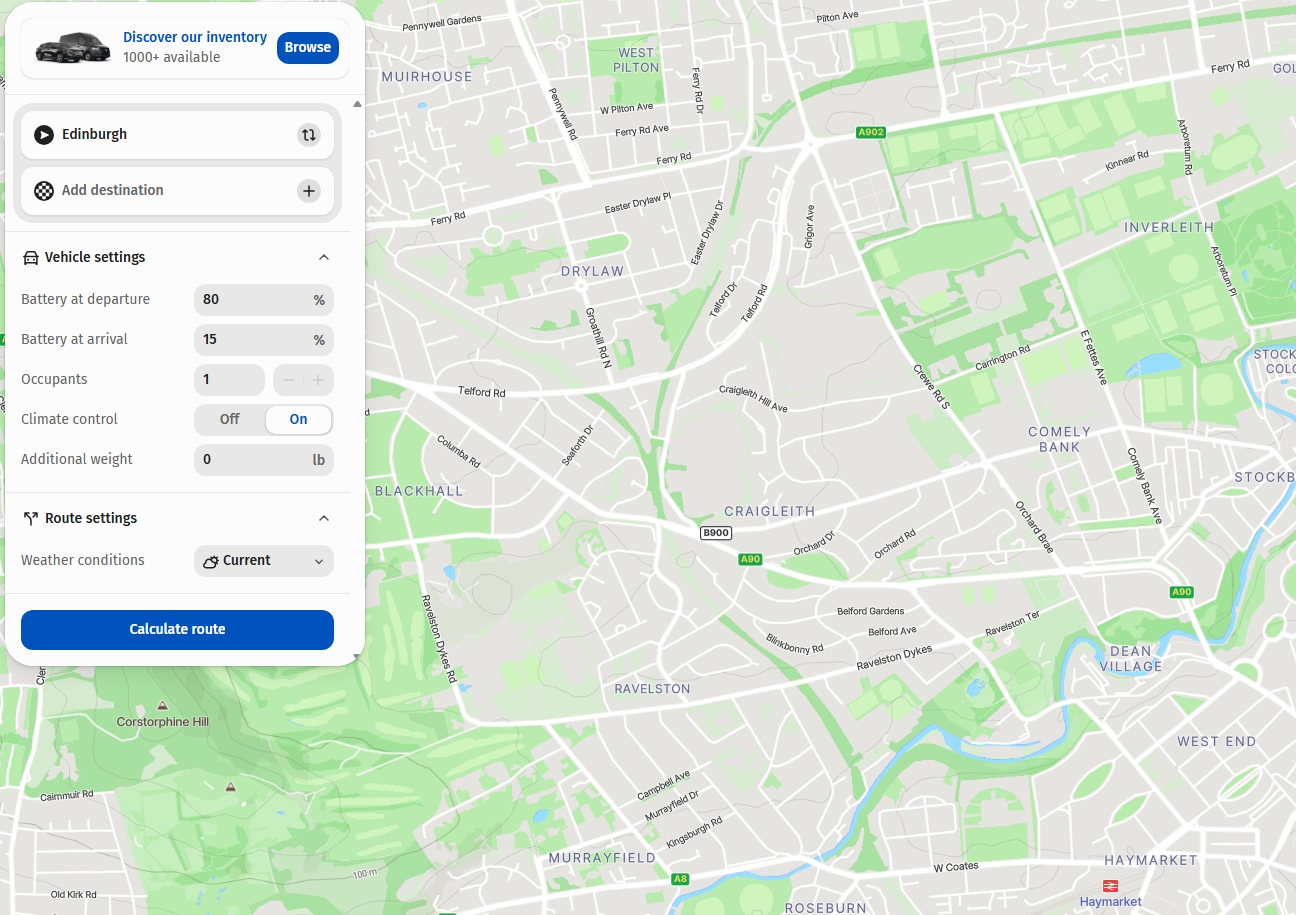 Route planner map centred on Edinburgh showing roads and green areas, with a side panel for entering a destination and adjusting vehicle settings such as battery level, occupants, and climate control, plus a “Calculate route” button.