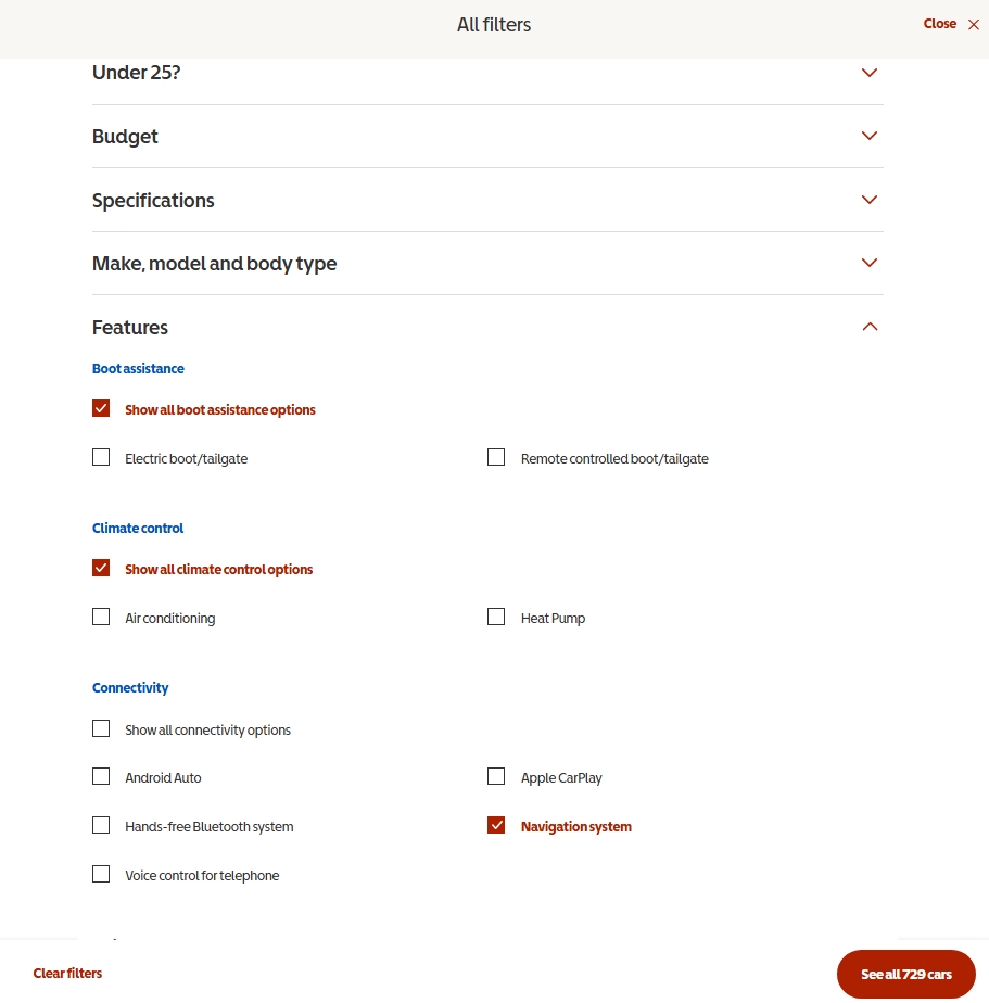 A screenshot of a car search filter menu on the Motability Scheme website. The “Features” section is open, showing categories for Boot assistance, Climate control, and Connectivity. Options selected include “Show all boot assistance options,” “Show all climate control options,” and “Navigation system.” A button at the bottom right reads “See all 729 cars.”