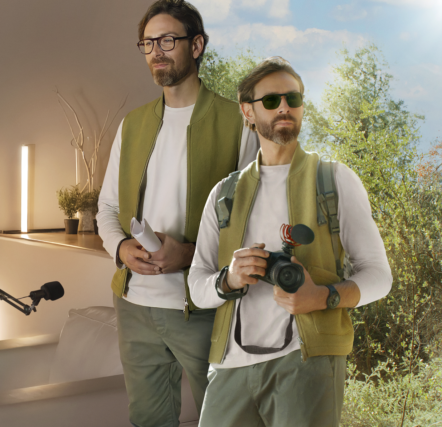Photographer in green vest wearing HOYA Sensity Dark photochromic lenses during work