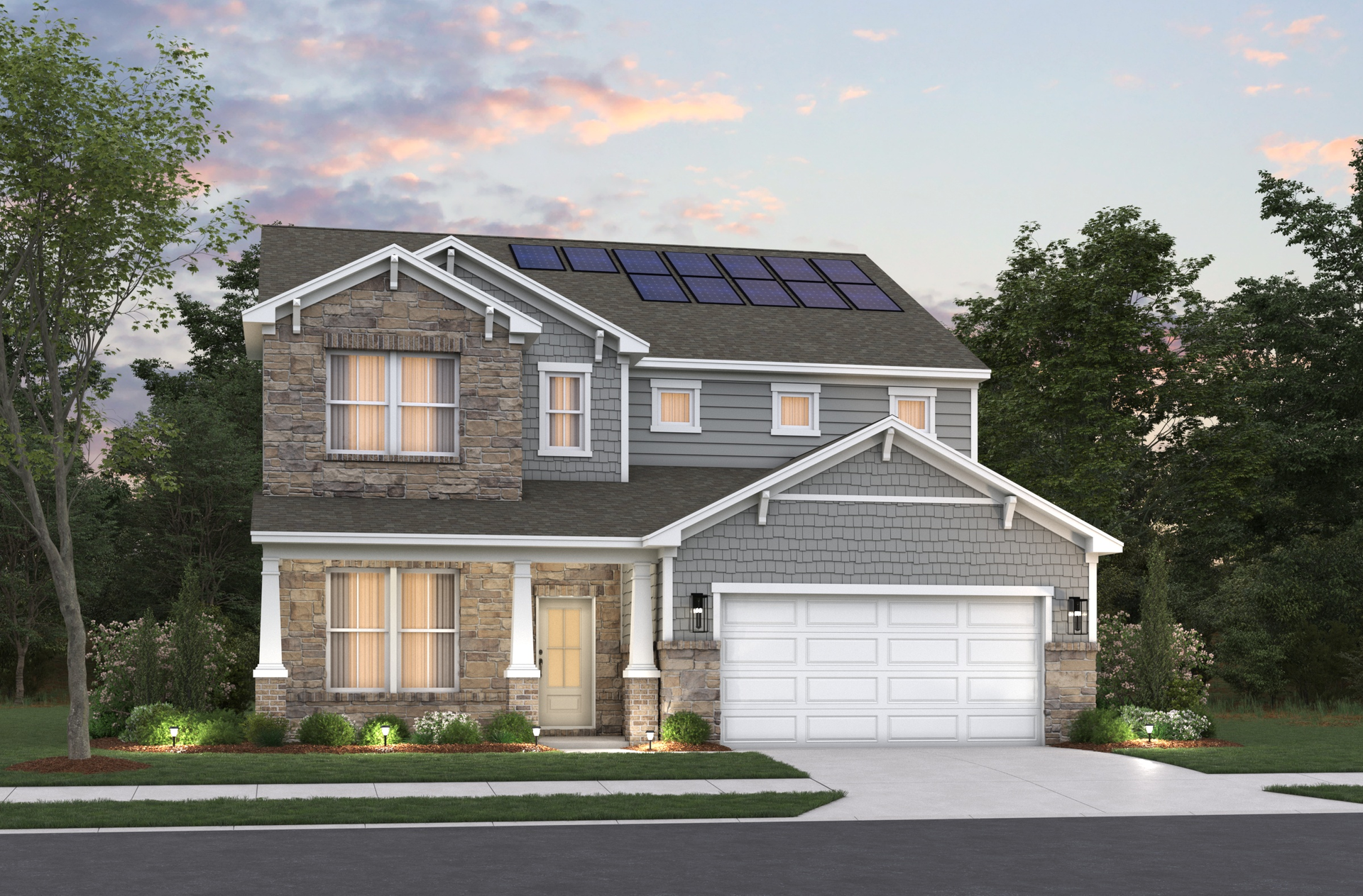 front of 2-story home with 2-car garage and solar panels
