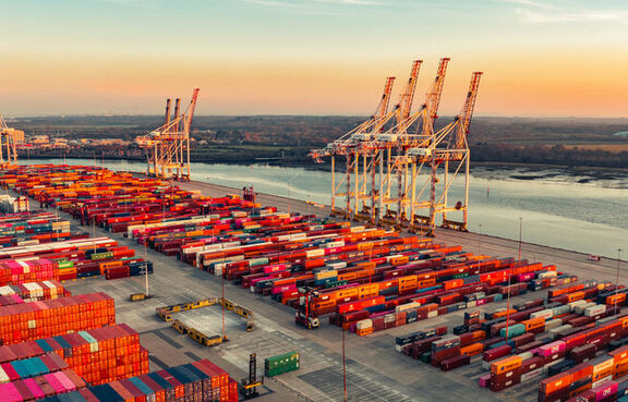 Shipping yard at sunrise full of containers and cranes