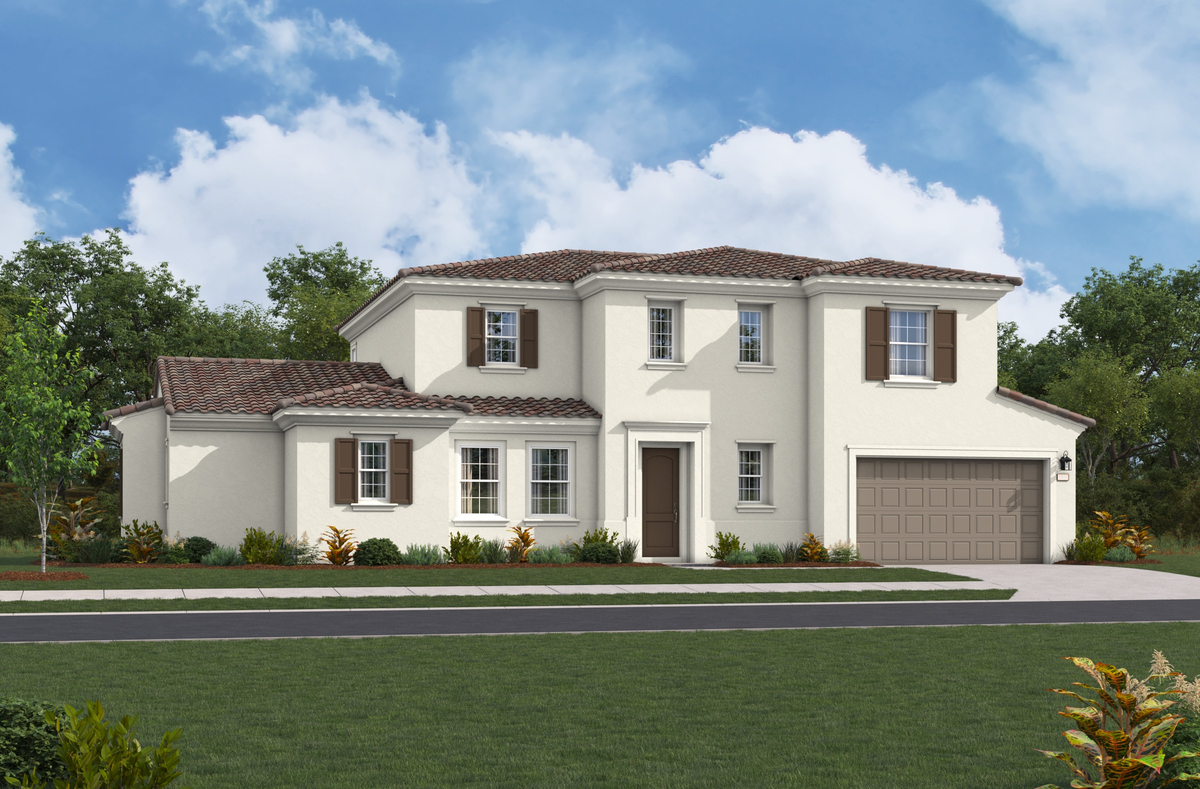 exterior of two-story home with brown garage and large windows