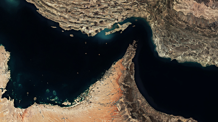 Aerial photograph of the Strait of Hormuz