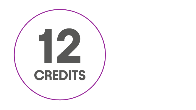 Number 12 with word CREDITS below, inside purple circle outline