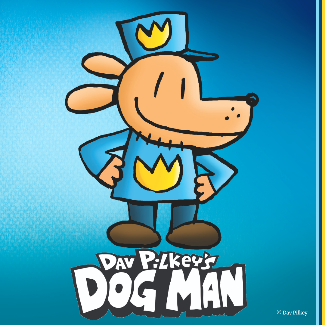 Illustrated cartoon of Dog Man, a tan dog-headed police officer wearing a blue uniform and cap with gold crown emblems, standing with hands on hips against a light blue background. The logo "Dav Pilkey's Dog Man" appears at the bottom