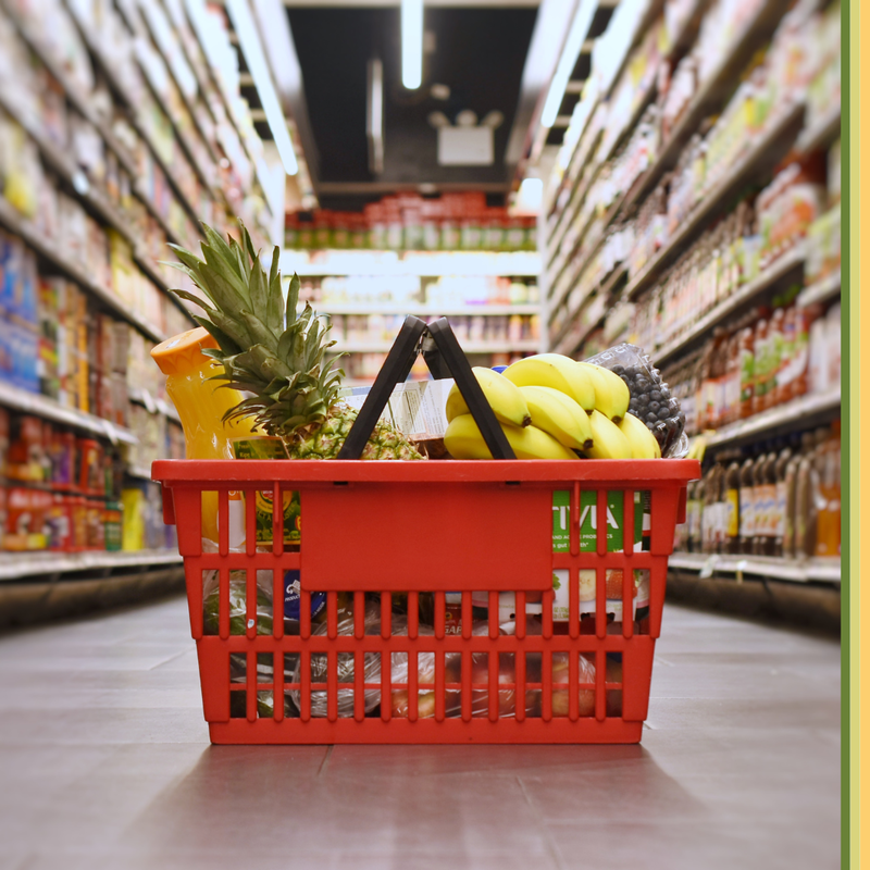 Groceries in a grocery basket.