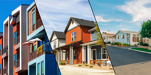 A collage featuring a condo, a manufactured home, and a multi-family home