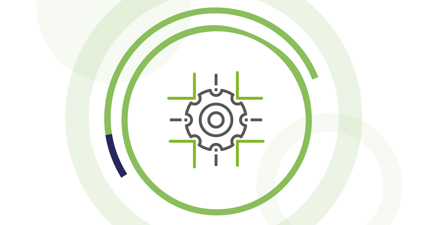 Icon of a cog with connected lines, symbolizing categorisation. Icon is surrounded by lime colour circles