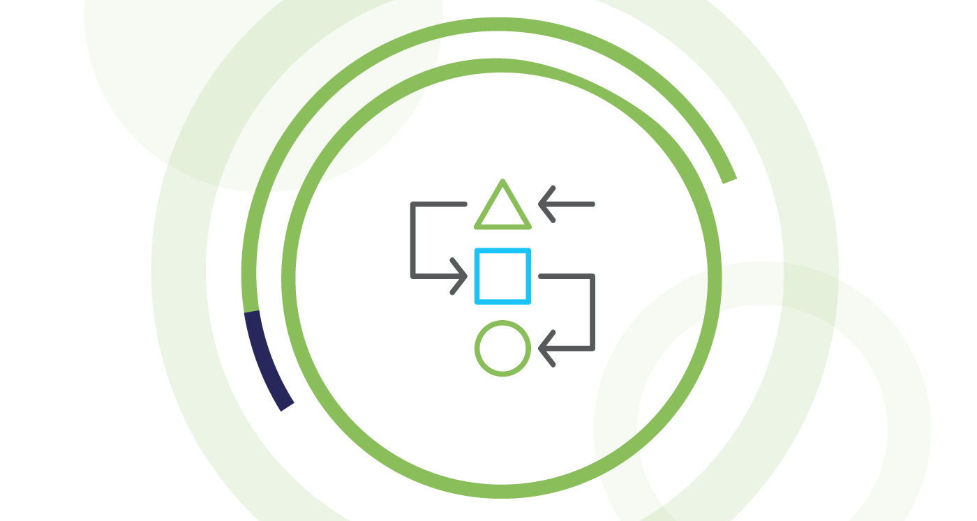Icon of several shapes connected by arrows, symbolising organisation and movement. Icon is surrounded by lime colour circles