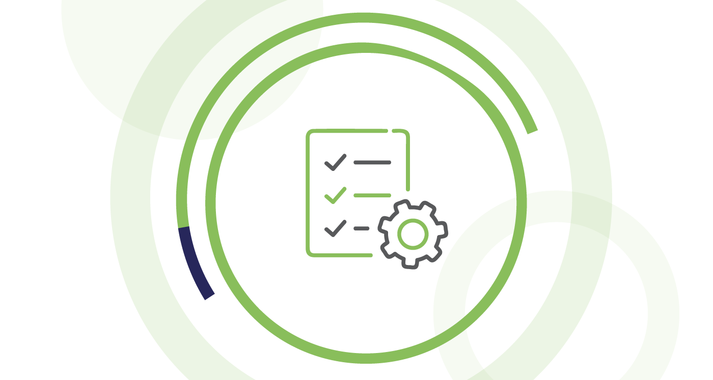 Icon of a list with a cogwheel , symbolizing planning and management. Icon is surrounded by lime circles