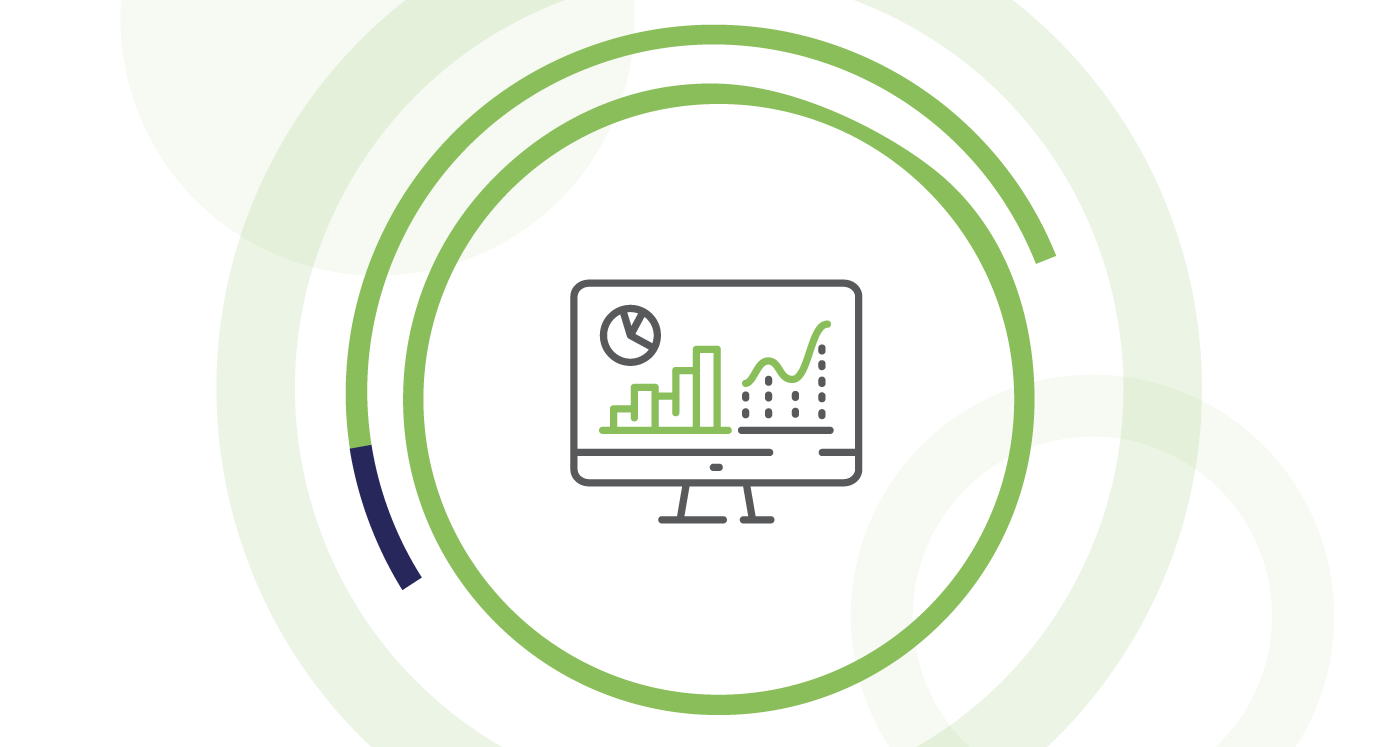 Icon of a computer with graphs, symbolizing analysis. Icon is surrounded by lime circles